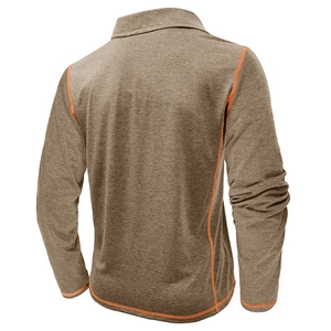 Back view of men's polo shirt with stand collar and contrast orange stitching details