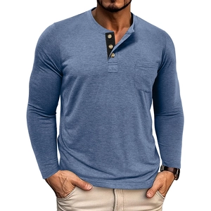 Detail of blue heather knit long sleeve Henley shirt with three buttons and chest pocket