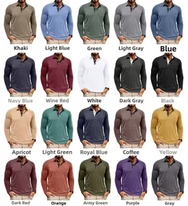 Grid display of long-sleeve men's polo shirts in 20 diverse colors with pocket details