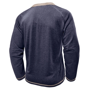 Rear view of navy raglan sleeve henley with contrasting beige trim and knit texture