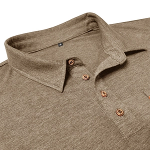 Close-up of brown long sleeve polo shirt with textured buttons and collar details