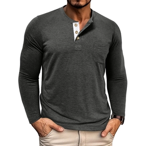 Detail of dark grey Henley shirt featuring a contrast three-button placket and chest pocket