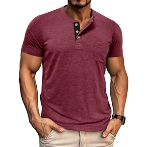 Detail of burgundy Henley shirt with three buttons, black contrast placket and chest pocket