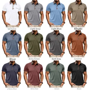 Collage of slim fit men's short sleeve polo shirts in 12 assorted colors with contrast trim