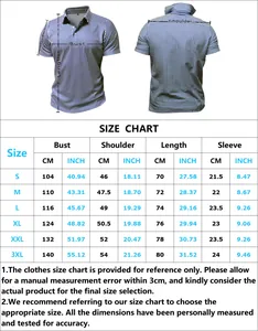 Detailed size guide for men stripe polo shirt with S to 3XL measurements in cm and inch