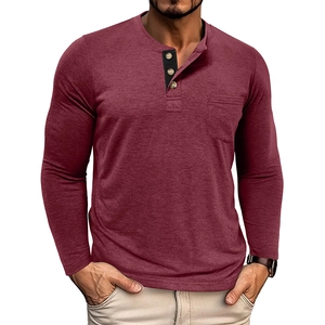 Detailed view of burgundy men's Henley shirt featuring a three-button neckline and chest pocket