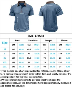 Detailed size chart for men's color block polo shirt including bust and shoulder specs