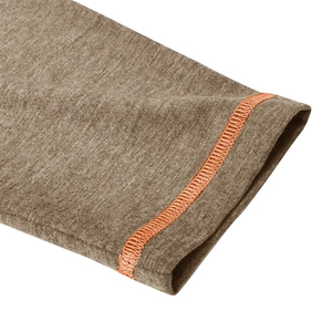 Detail of heathered brown knit polo with contrast orange overlock stitching on the hem