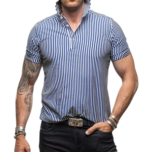 Men Vertical Striped Short Sleeve Polo Shirt Breathable Polyester Blend Lapel Button Top Casual Vintage Summer Apparel