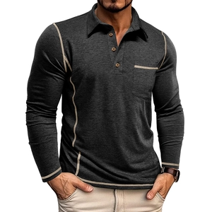 Detail shot of grey long-sleeve polo shirt showing contrast stitching and wood-style buttons