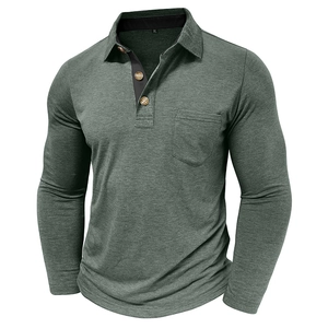 Detail of dark green waffle knit polo shirt with turn-down collar and wood buttons