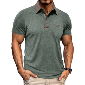 Close-up of men's short sleeve polo shirt featuring a contrast brown collar and chest pocket