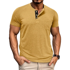 Close-up of mustard yellow men's Henley shirt with contrast black three-button collar