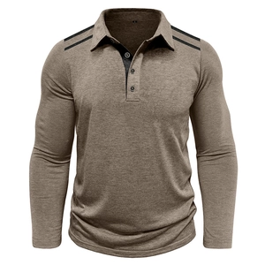Detailed view of brown polo shirt collar with three buttons and black shoulder stripes
