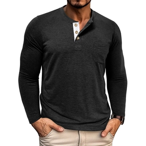 Close-up of men's charcoal grey Henley shirt with 3-button placket and chest pocket