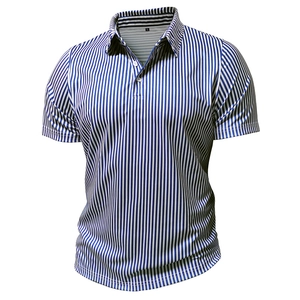 Men's blue and white striped short sleeve Polo shirt with a classic lapel collar
