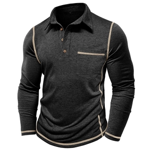 Detail of charcoal grey long sleeve polo shirt with beige contrast stitching and wood buttons