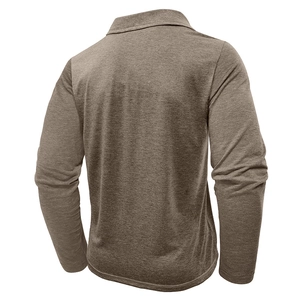 Rear view of men's long sleeve polo shirt featuring tan knit texture and drop shoulder design