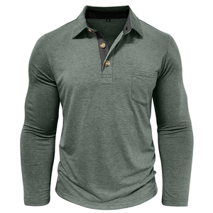 Detail view of forest green long sleeve polo shirt showing wood-textured buttons and pocket