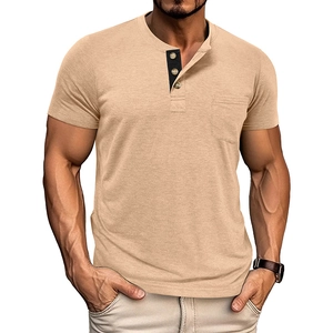 Detail of khaki men's Henley shirt featuring three-button placket and chest pocket