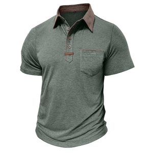 Detail of grey polo shirt featuring brown contrast collar, three-button placket and chest pocket