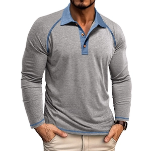 Herren Langarm-Poloshirt in Grau mit blauem Patchwork-Kragen und Raglanärmeln-Design