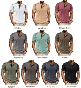 Grid display of waffle texture men's short sleeve Henley shirts in ten different colors
