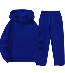 Detail of royal blue hooded sweatshirt set with kangaroo pocket and drawstring pants