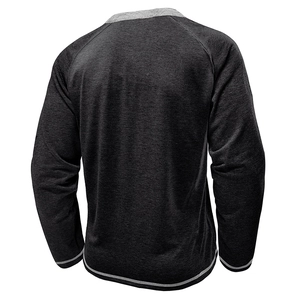 Detail view of charcoal raglan sleeve t-shirt back with grey contrast trim accents