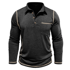 Detail of dark charcoal long sleeve Polo shirt with contrast beige topstitching and buttons