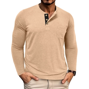Detail shot of khaki Henley shirt with three buttons, black inner placket, and chest pocket