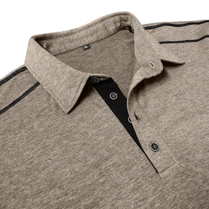 Detailed close-up of brown knit polo shirt neckline with black button placket and contrast stitching