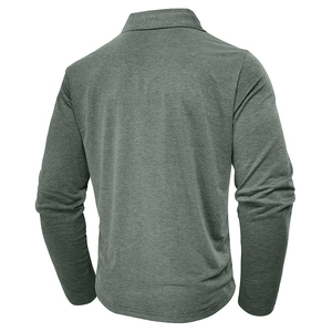 Rear view of long-sleeve polo shirt in dark army green with fine heathered texture