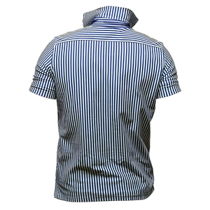 Back view of men's short sleeve Hawaiian polo shirt with classic blue and white vertical stripes