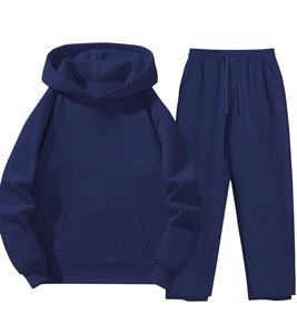 Detailed flat lay of navy blue men's hoodie set featuring ribbed cuffs and drawstring waist