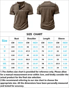Detailed size guide for men's waffle knit Henley shirt including chest and length measurements