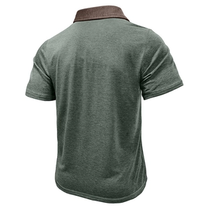 Back view of slim fit men's polo shirt featuring green knit fabric and brown collar