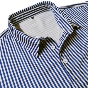 Close-up of blue and white striped polo shirt collar showing breathable mesh fabric texture