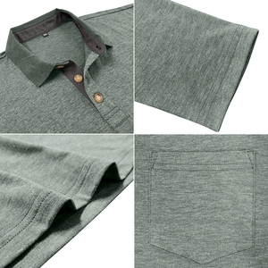 Detailed views of a men's green textured polo shirt showing collar, buttons and stitching