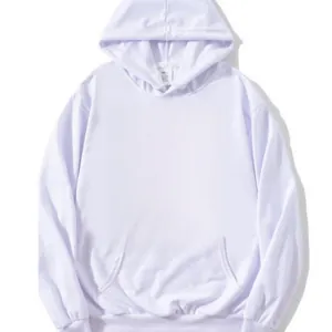 Detailed view of the ribbed cuffs and kangaroo pocket on a white fleece hoodie