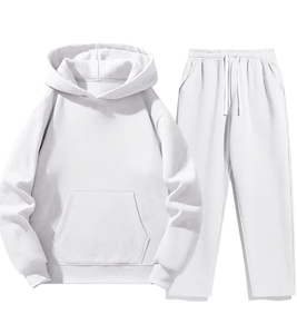 Detailed close-up of a white two-piece hoodie set showing knit fabric texture and pocket detail