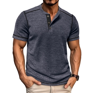 Men's navy waffle knit Henley T-shirt with short sleeves and black contrast stitching