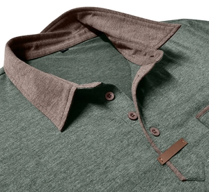 Detail shot of the grey-green polo shirt collar with brown trim and button closure