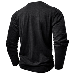 Detailed back view of men's black long sleeve Henley shirt showing slub cotton texture