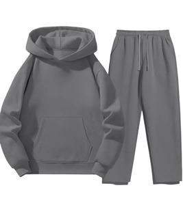 Flat lay of gray men's tracksuit featuring a drawstring hoodie and matching sweatpants