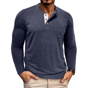 Men's grey long sleeve Henley shirt with 3-button placket and practical chest pocket