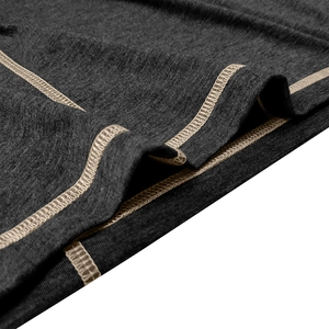 Detail of dark grey knit polo shirt with contrast light beige flatlock stitching texture