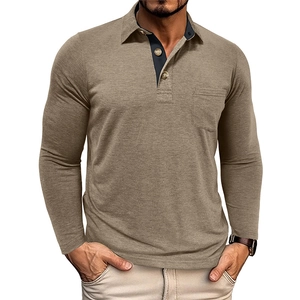 Detail of khaki long sleeve polo shirt with contrast collar and chest pocket
