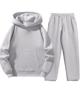 Detailed 3D flat lay of light grey hoodie and matching joggers with drawstring details