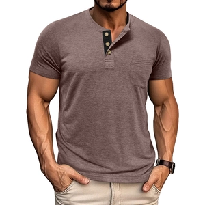 Close-up of brown short-sleeve Henley shirt featuring three-button placket and chest pocket